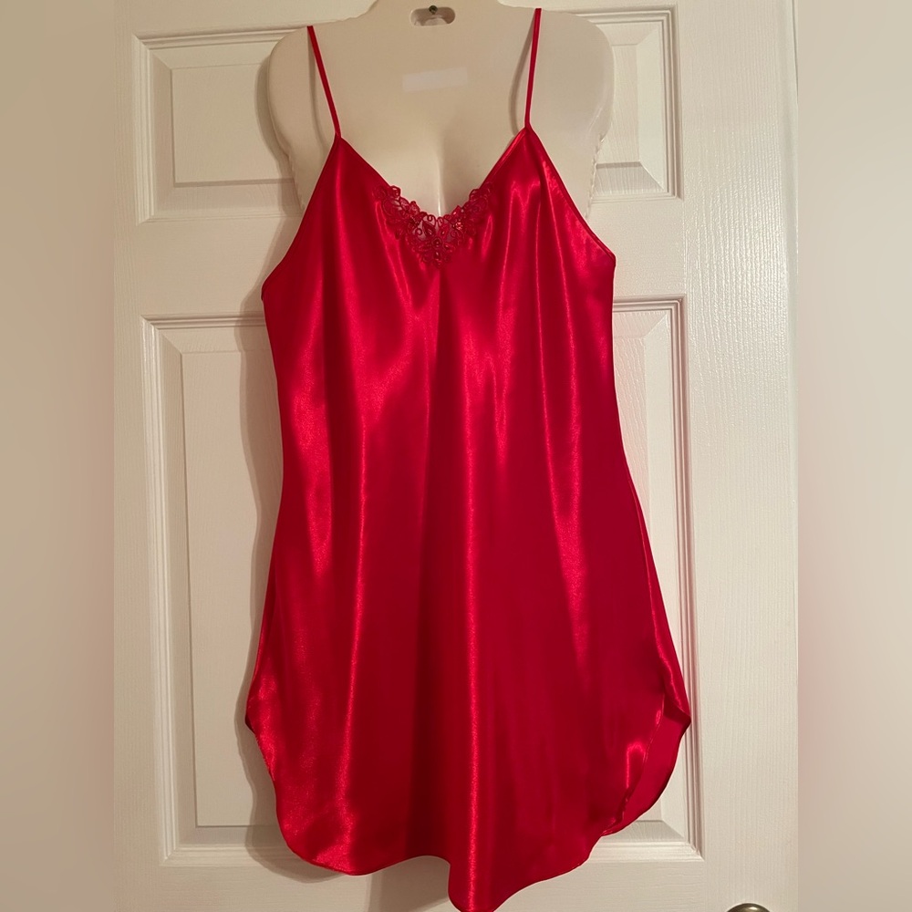 Sexy red satin shortie nightgown with sequin & seed pearl design on bodice